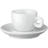 PRESSO. Keraaminen kahvikuppi ja lautanen, valkoinen liikelahja logopainatuksella