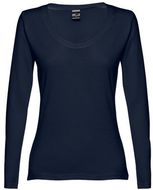 THC BUCHAREST WOMEN. Pitkähihainen vyöllä varustettu T-paita naisille puuvillaa, sininen liikelahja logopainatuksella