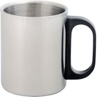 Muki Gilbert double metal mug, hopea, musta liikelahja logopainatuksella