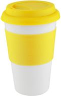 Muki Soft Touch mug with silicone, valkoinen, keltainen liikelahja logopainatuksella