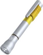 Monikäyttöinen taskulamppu Pen Torch Mustap, harmaa, keltainen liikelahja logopainatuksella