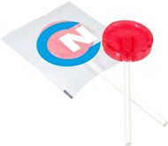 Flat round lollipop, läpinäkyvä liikelahja logopainatuksella